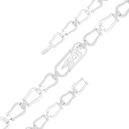 Long Curved Curb Rhodium Plated Bracelet 
