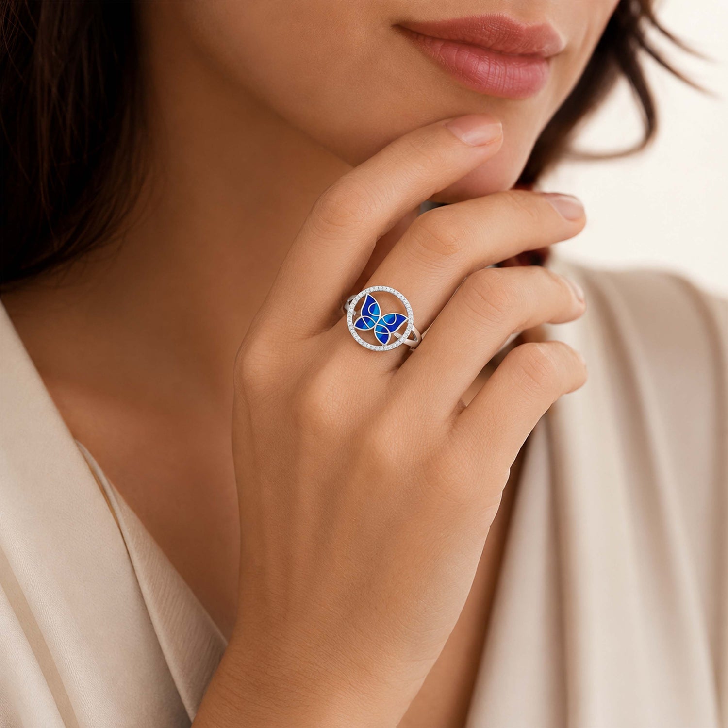 Luminous Blue Butterfly Crystal Silver Elegant Statement Ring