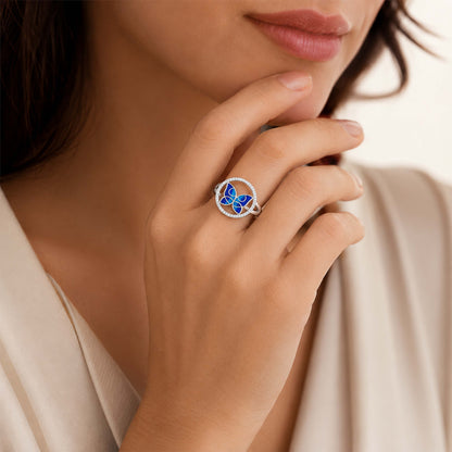 Luminous Blue Butterfly Crystal Silver Elegant Statement Ring
