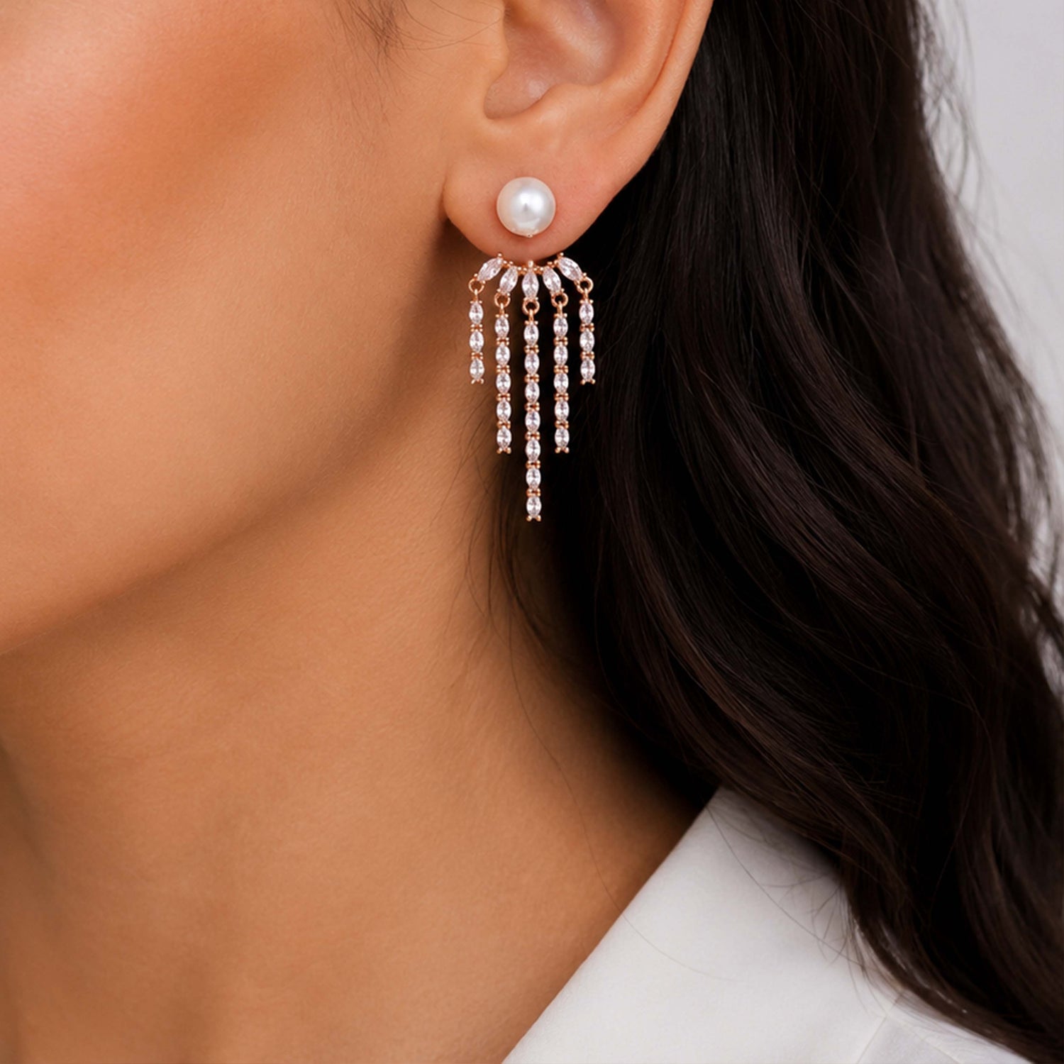 Luminous Pearl Crystal Waterfall Rose Gold Drop Earring