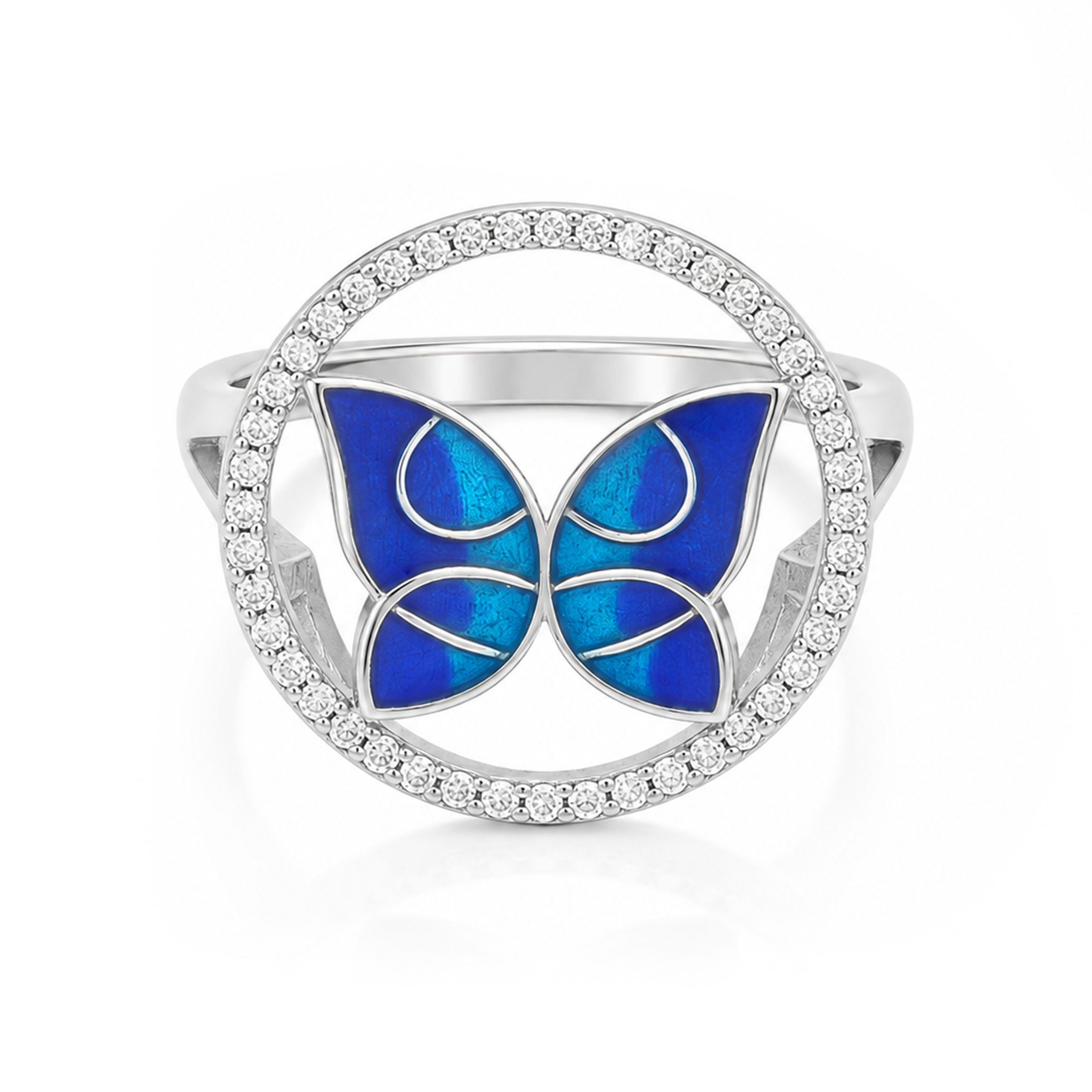 Luminous Blue Butterfly Crystal Silver Elegant Statement Ring