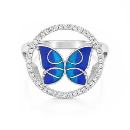 Luminous Blue Butterfly Crystal Silver Elegant Statement Ring