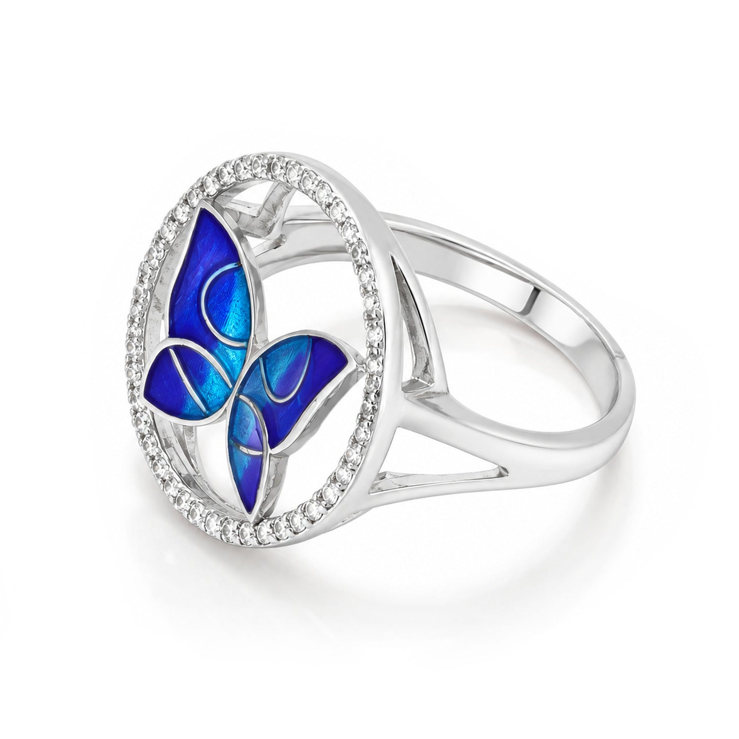 Luminous Blue Butterfly Crystal Silver Elegant Statement Ring