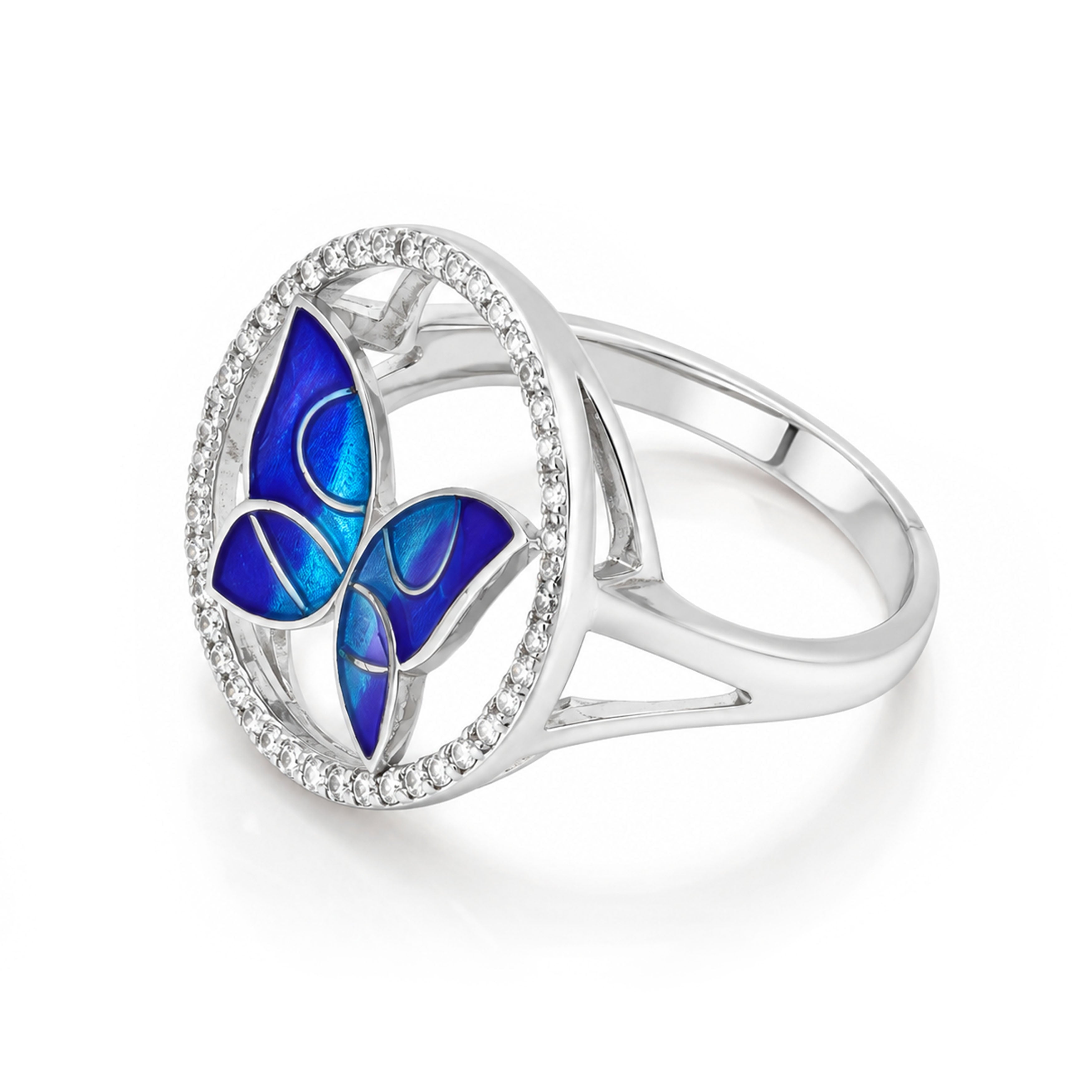 Luminous Blue Butterfly Crystal Silver Elegant Statement Ring