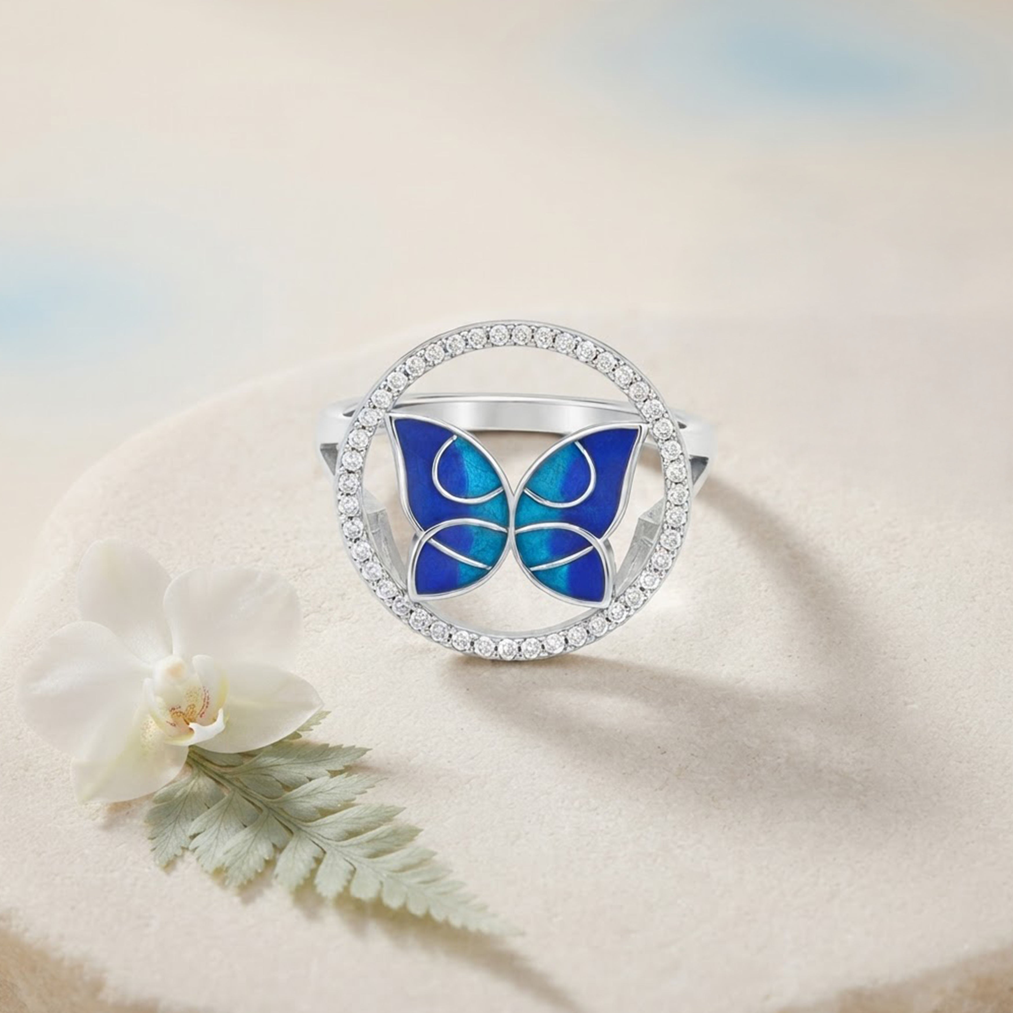 Luminous Blue Butterfly Crystal Silver Elegant Statement Ring