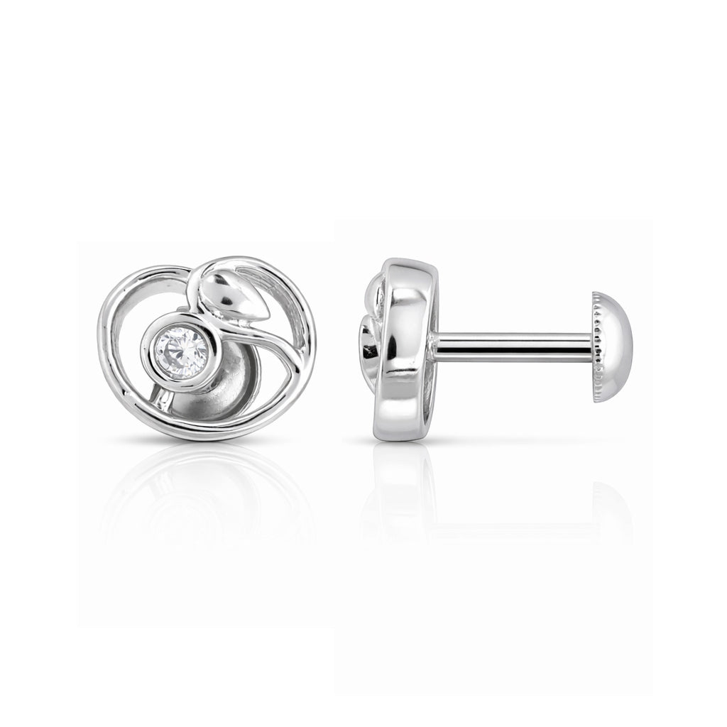 Silver earring with a diamond on a white background