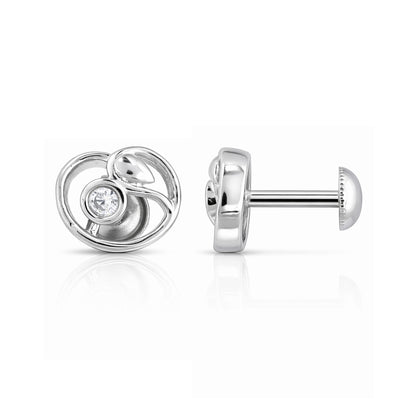 Silver earring with a diamond on a white background