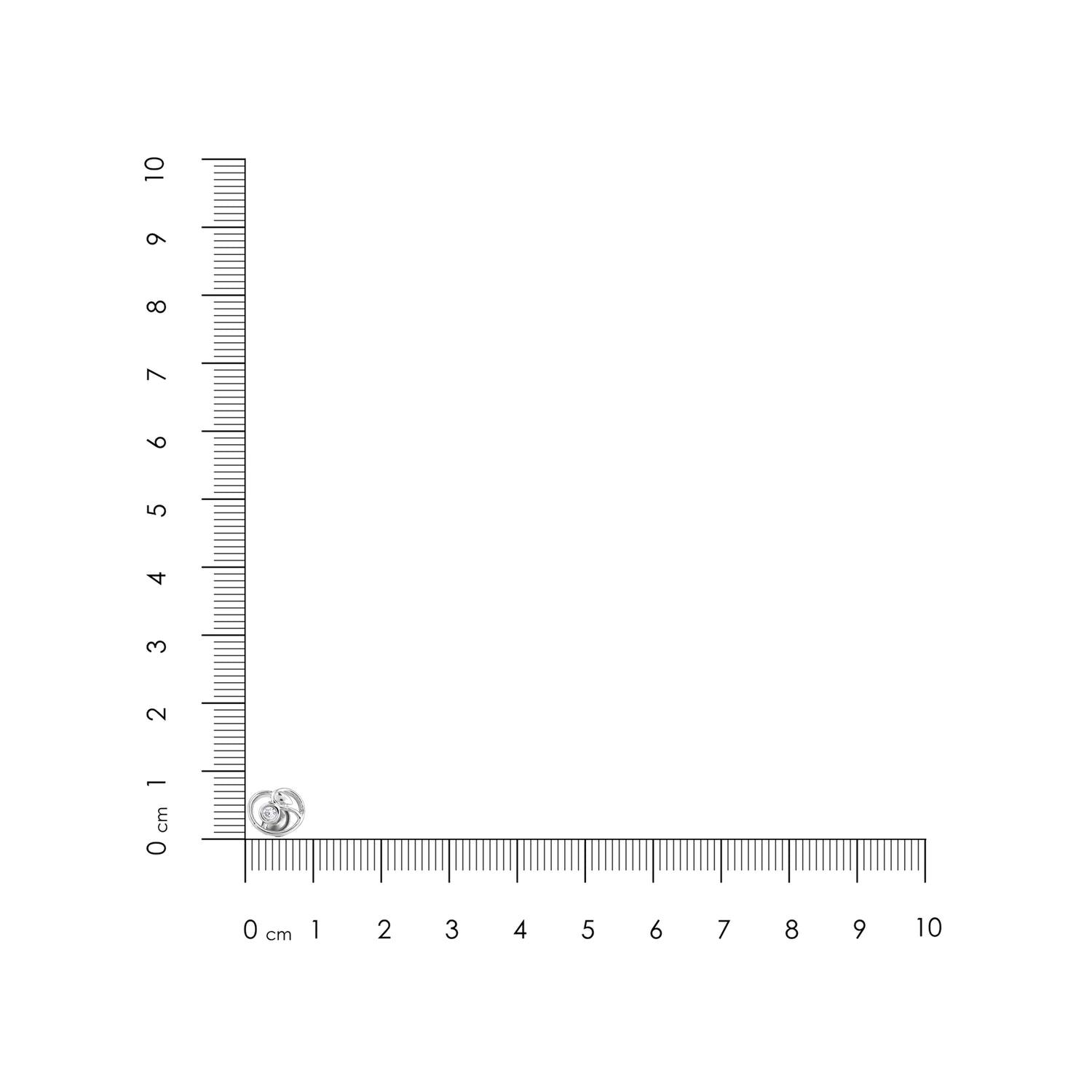 Small round object next to a ruler on a white background