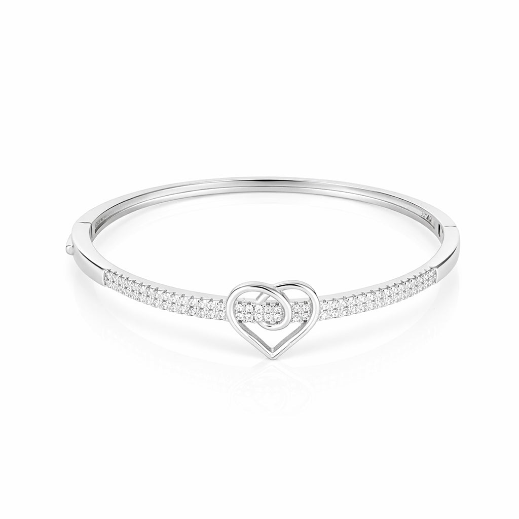 Silver bracelet with a heart-shaped clasp on a white background