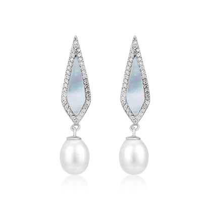 Pair of earrings with teardrop-shaped gemstones and pearl drops on a white background