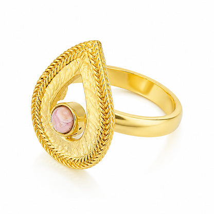 Luminous Teardrop Crest Pink Gem Golden Designer Ring
