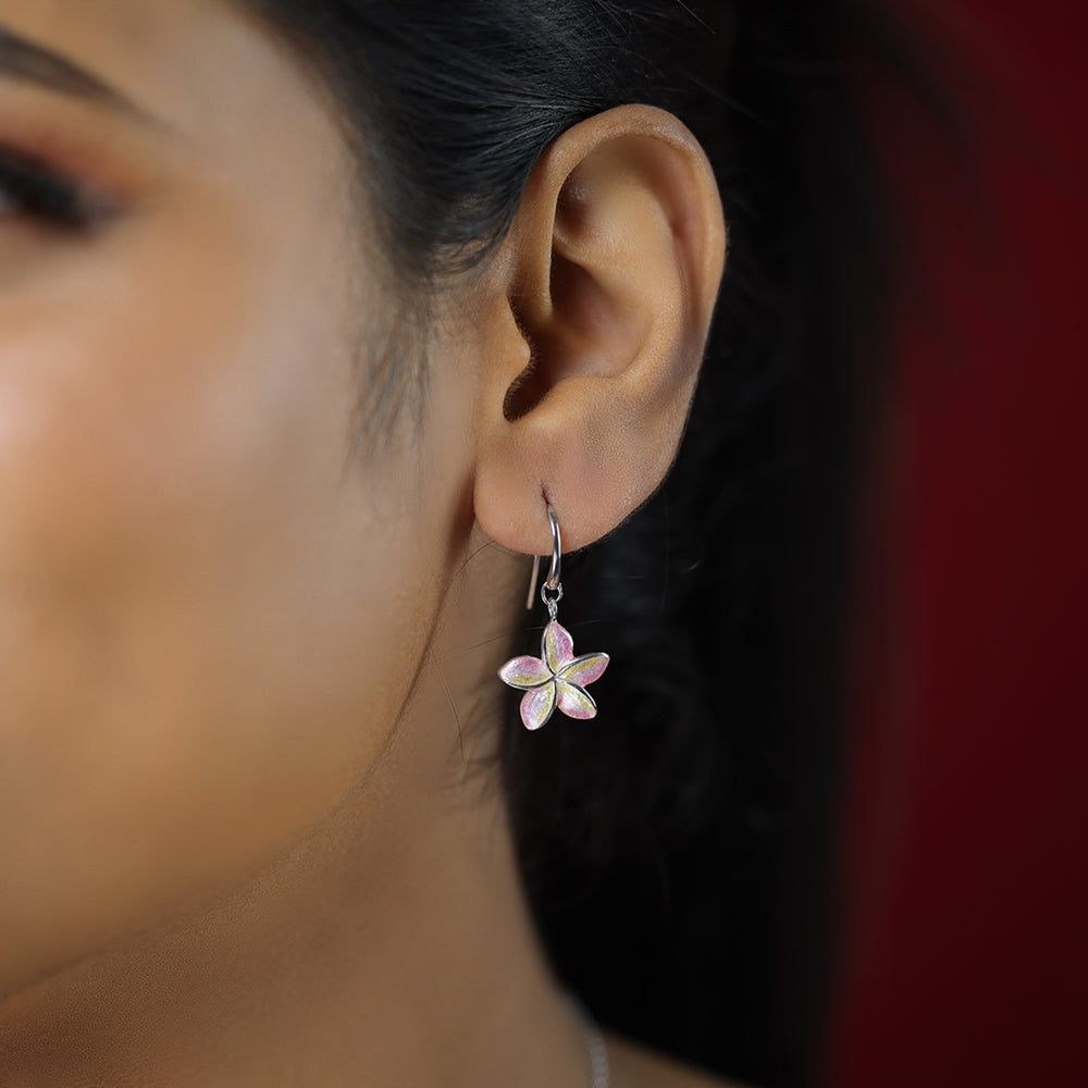 Lush Pink Plumeria Rhodium Plated 925 Flower Hook Earrings