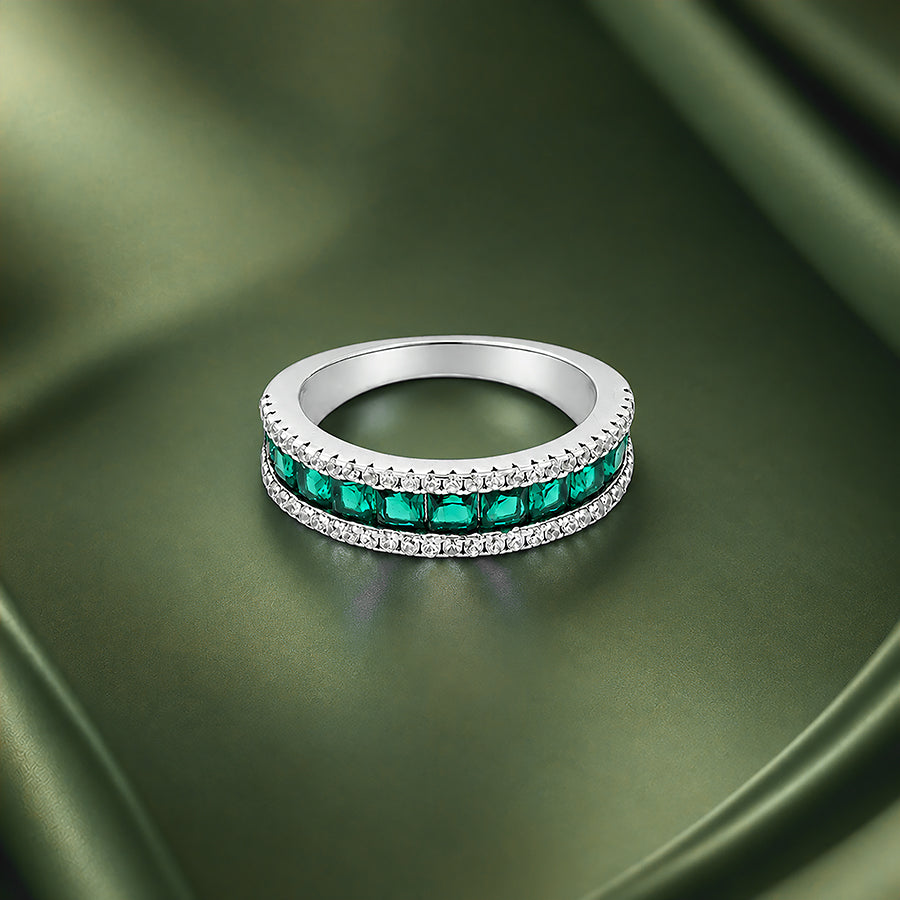 Luxe Green Multi-Row Glitter 925 Sterling Silver Ring for Women