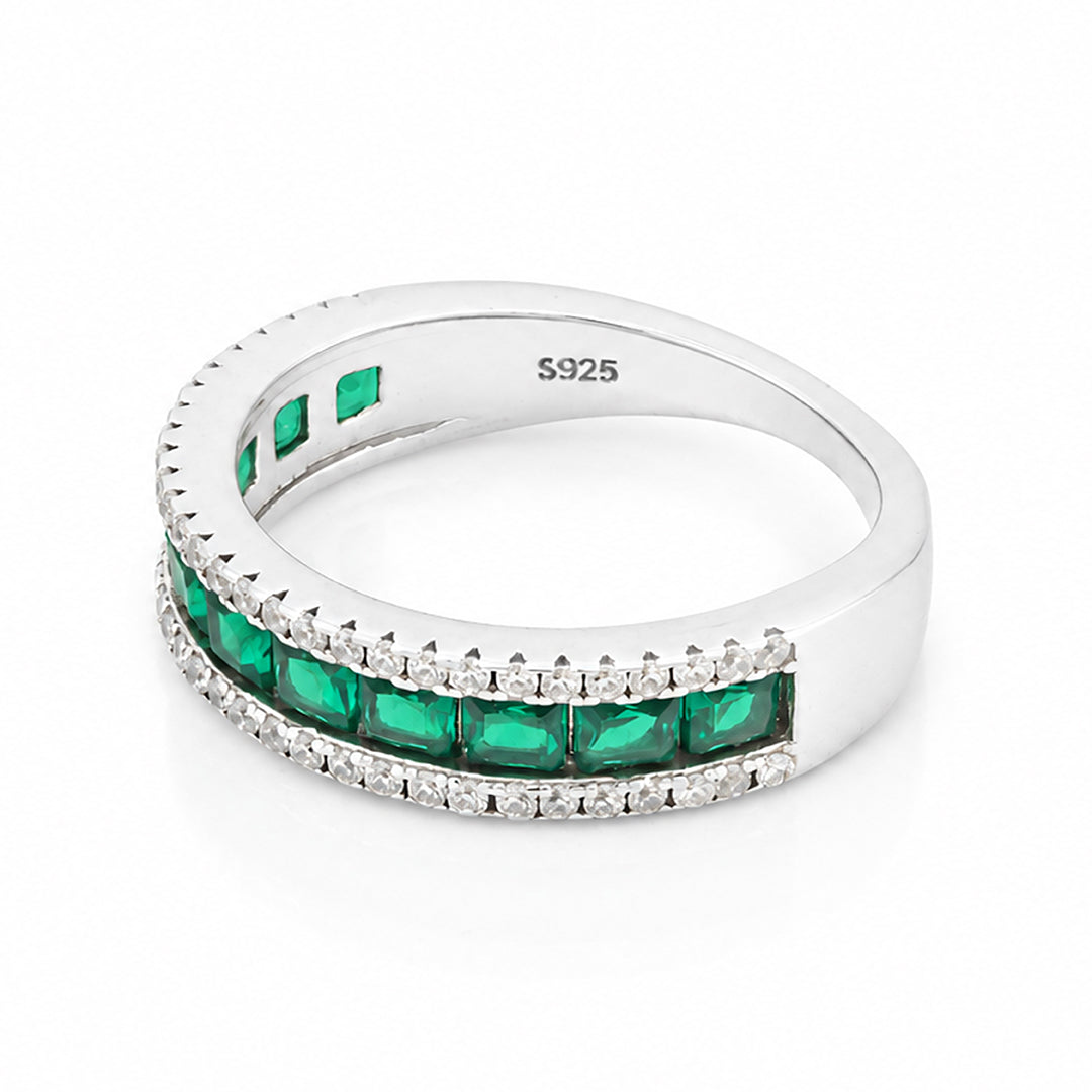 Luxe Green Multi-Row Glitter 925 Sterling Silver Ring for Women
