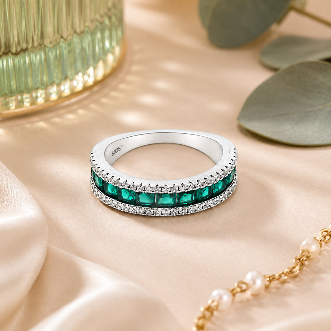 Luxe Green Multi-Row Glitter 925 Sterling Silver Ring for Women