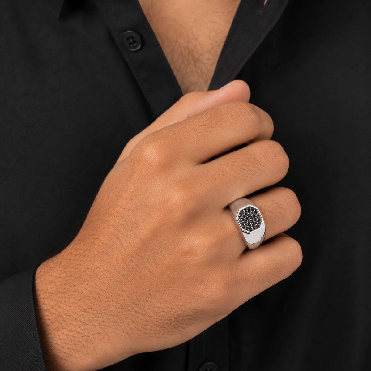 Luxurious Black Octagon 925 Sterling Silver Statement Ring