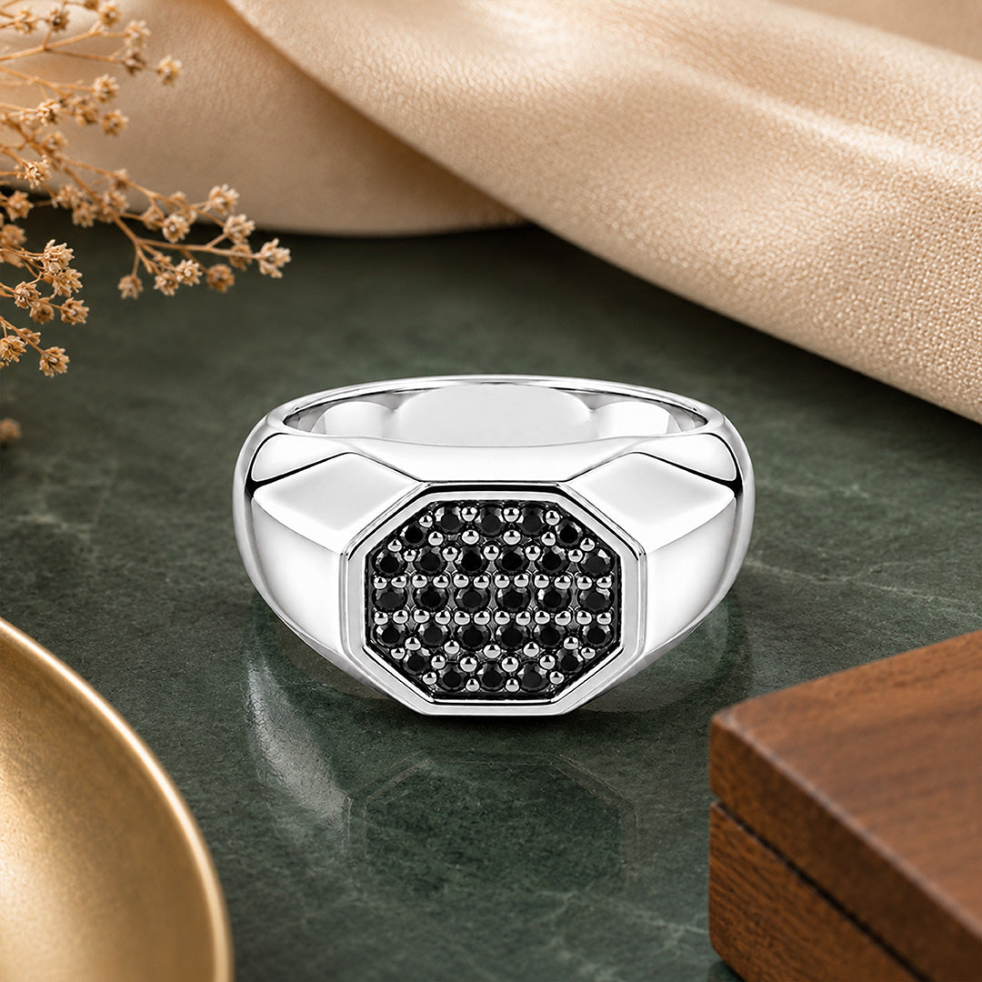 Luxurious Black Octagon 925 Sterling Silver Statement Ring