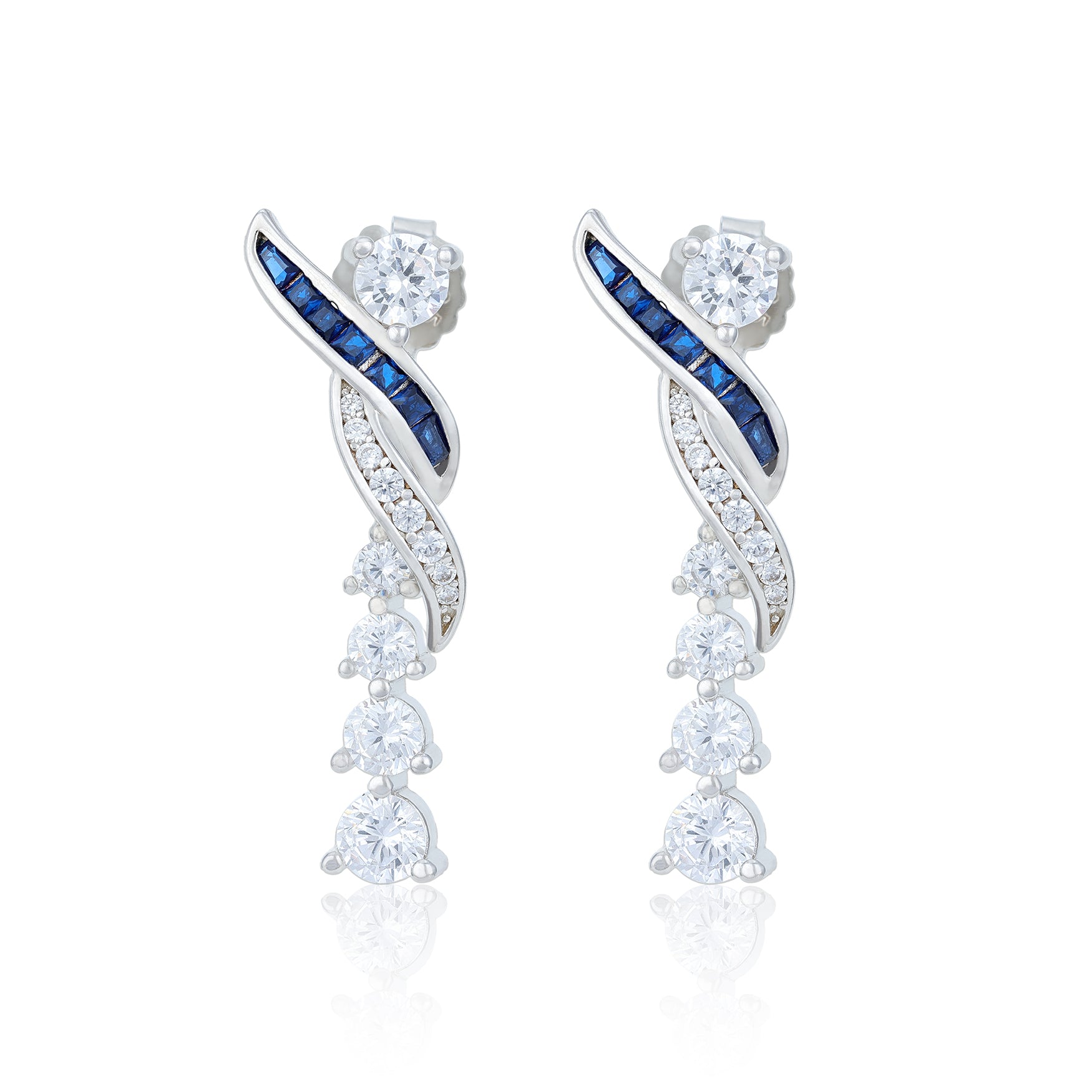 Pair of earrings with blue and clear gemstones on a white background