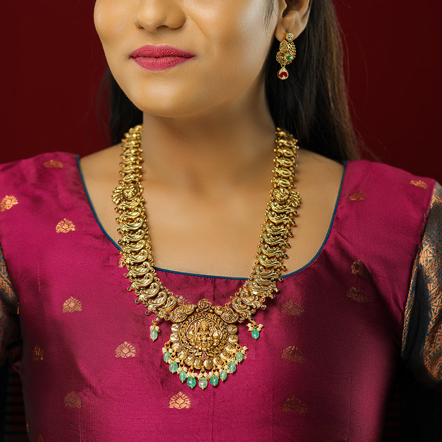 Luxurious Saraswati Centred Green Drop 925  Peacock Design Haram