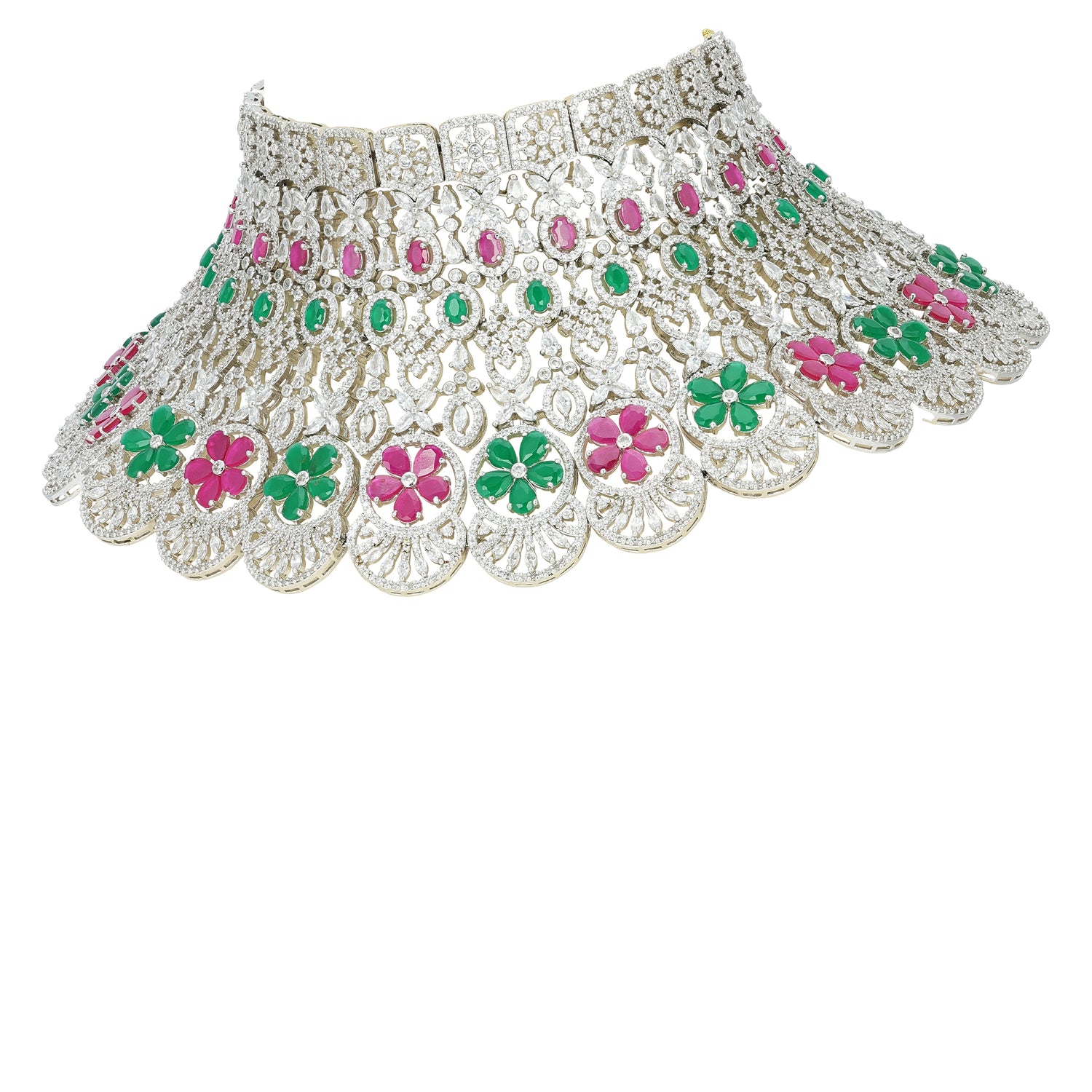 Close-up of Polki Ruby and Emerald Fringe Work on 925 Silver Bridal Choker Necklace