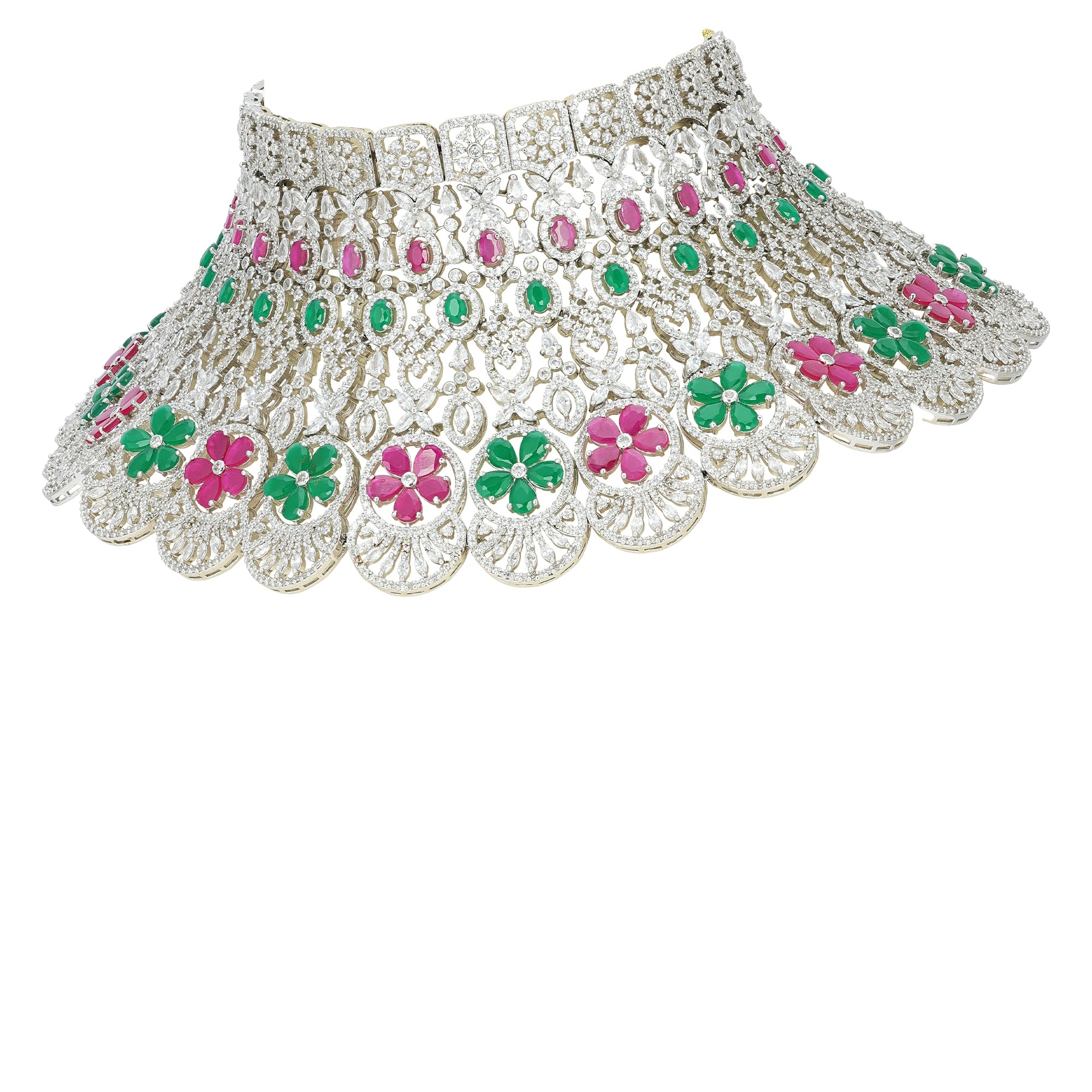 Close-up of Polki Ruby and Emerald Fringe Work on 925 Silver Bridal Choker Necklace