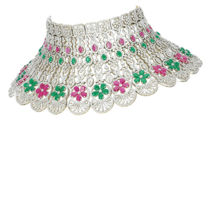 Close-up of Polki Ruby and Emerald Fringe Work on 925 Silver Bridal Choker Necklace