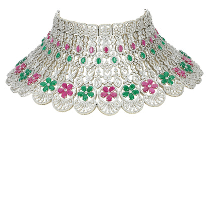 925 Sterling Silver Bridal Choker with Ruby Centres, Polki Detailing and Emerald Fringe for Women