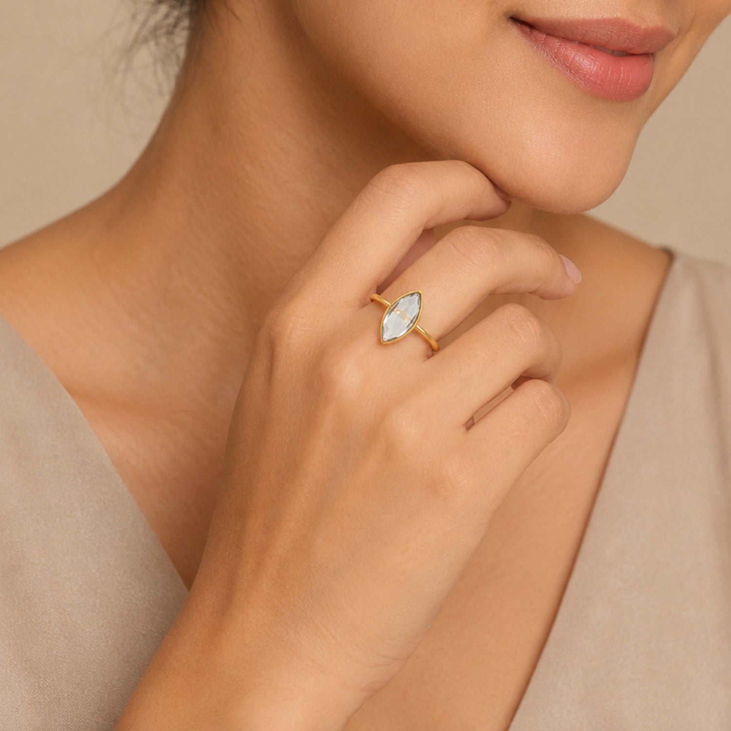 Majestic Clear Crystal Golden Minimal Contemporary Designer Ring