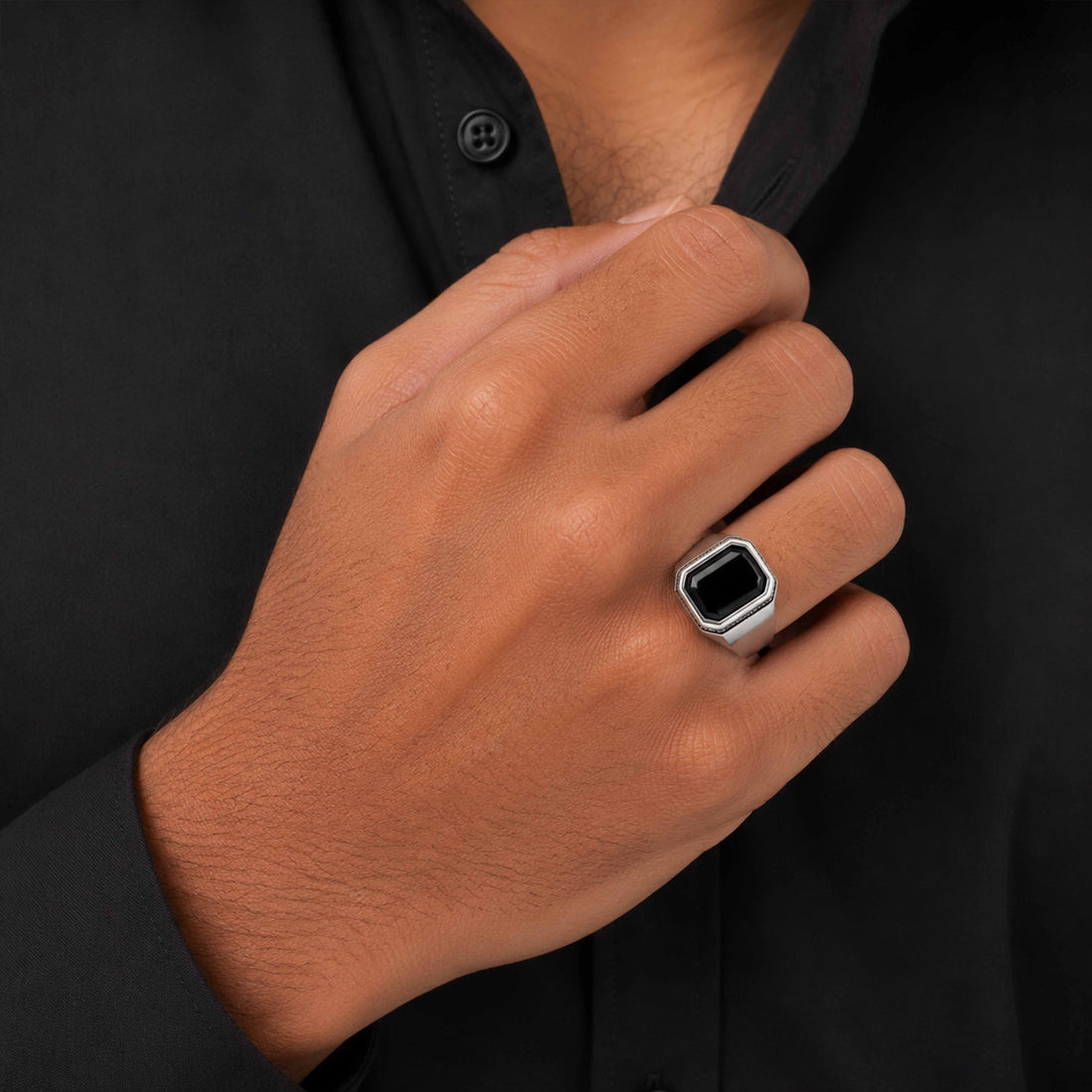 Majestic Black Crystal Flatface Signature Sparkle 925 Sterling Silver Ring for Men