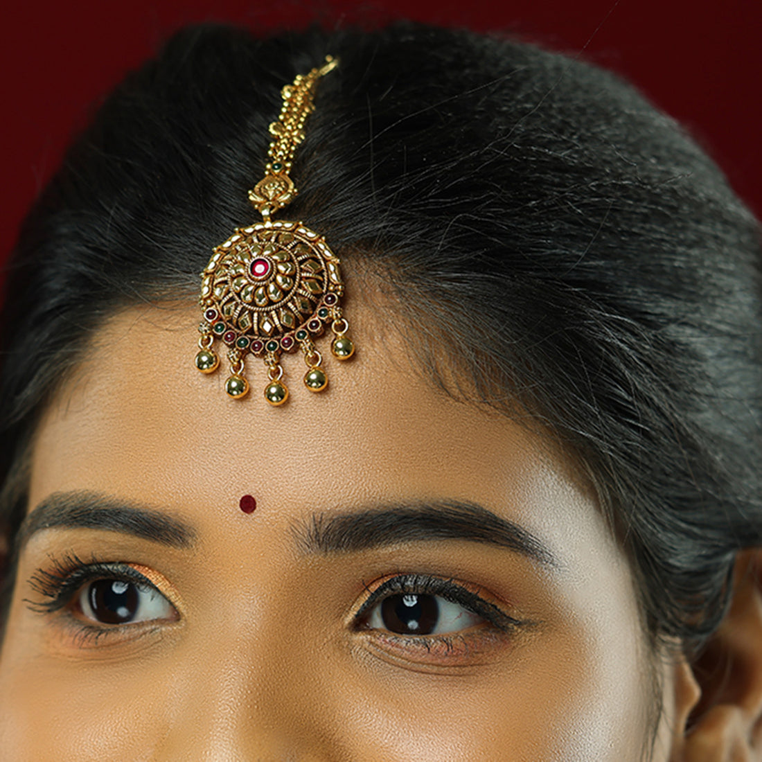 Majestic Crescent 925 Gold Plated Beaded Drops Tikka