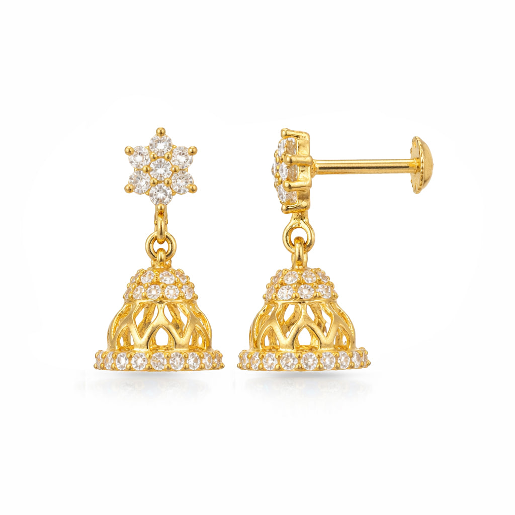 Gold earrings with intricate designs on a white background