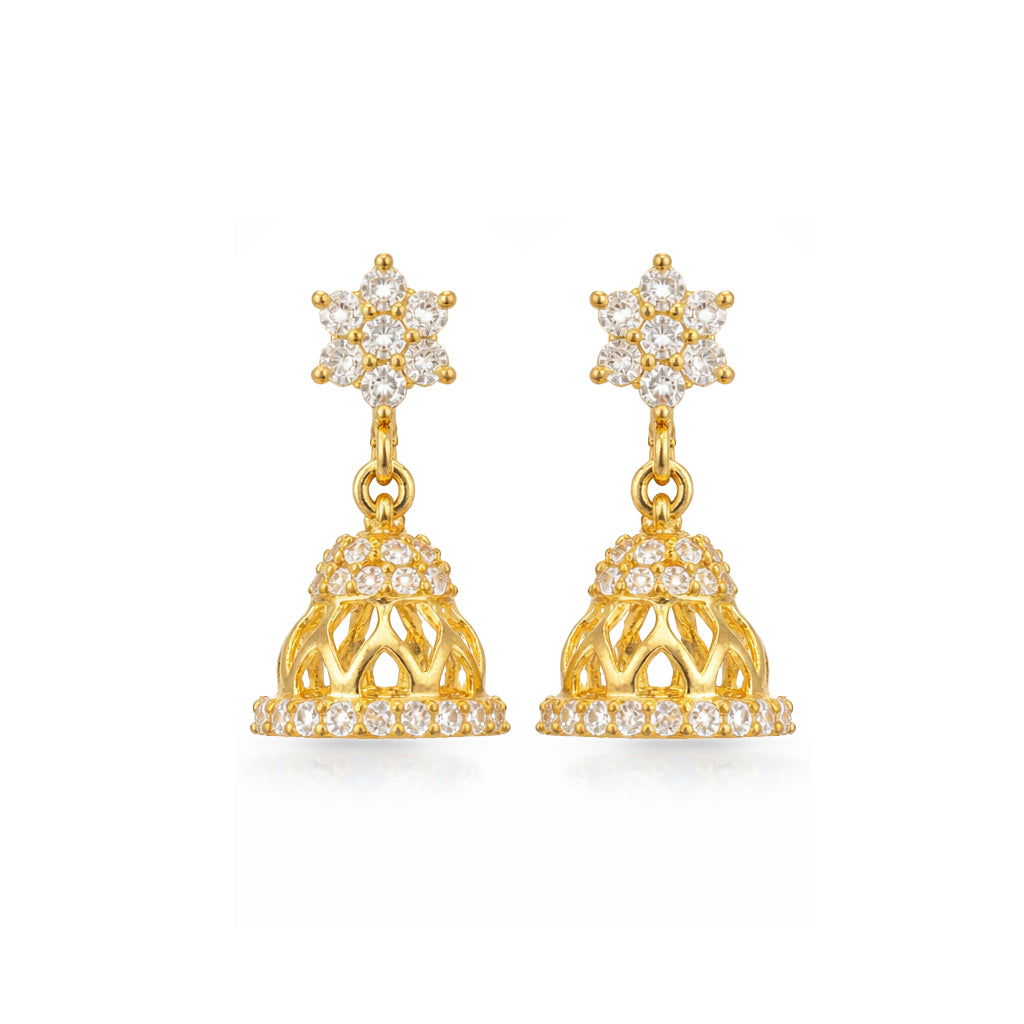 Gold earrings with star-shaped top and bell-shaped bottom on a white background