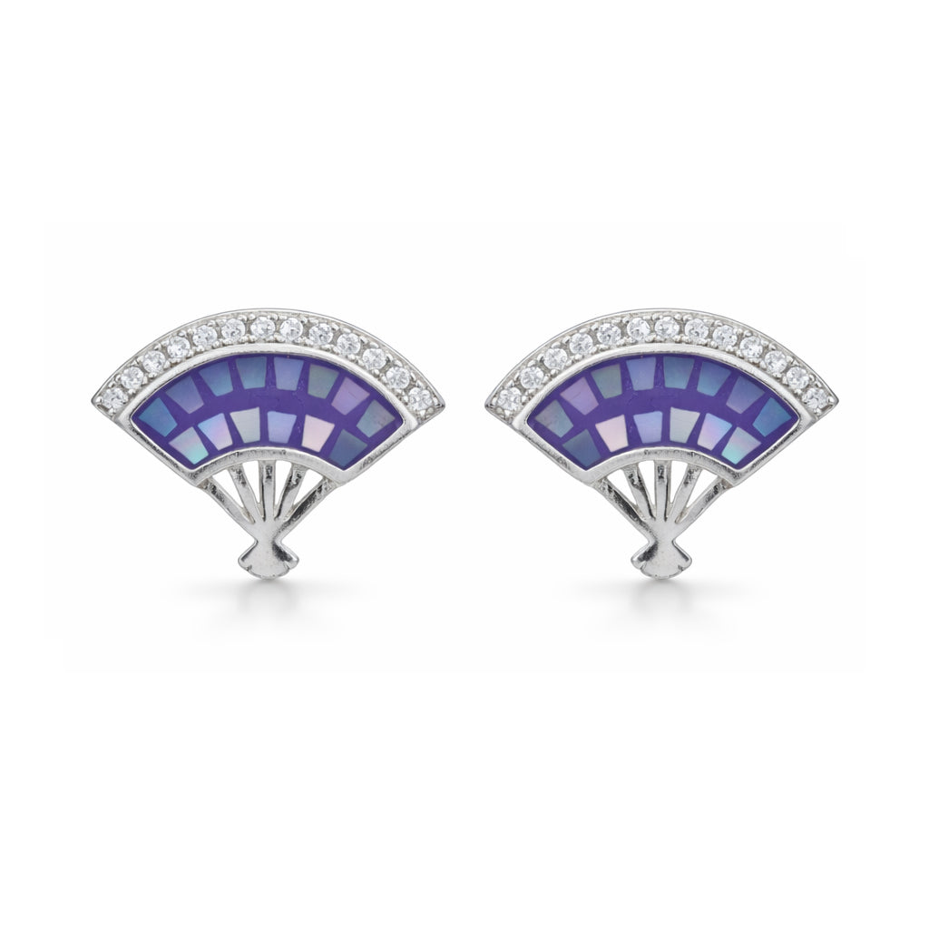 Fan-shaped earrings with purple and blue design on a white background