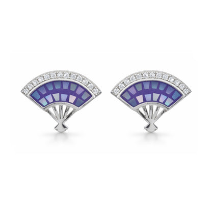 Fan-shaped earrings with purple and blue design on a white background