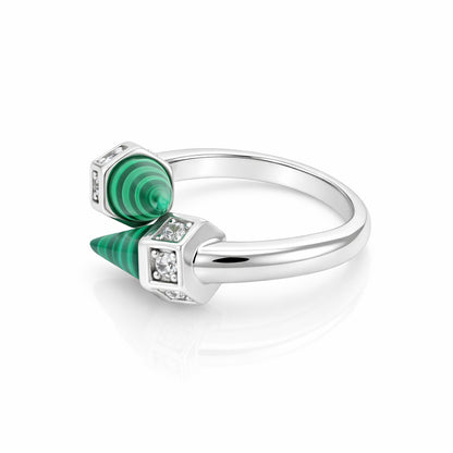 Silver ring with green gemstone and small diamonds on a white background