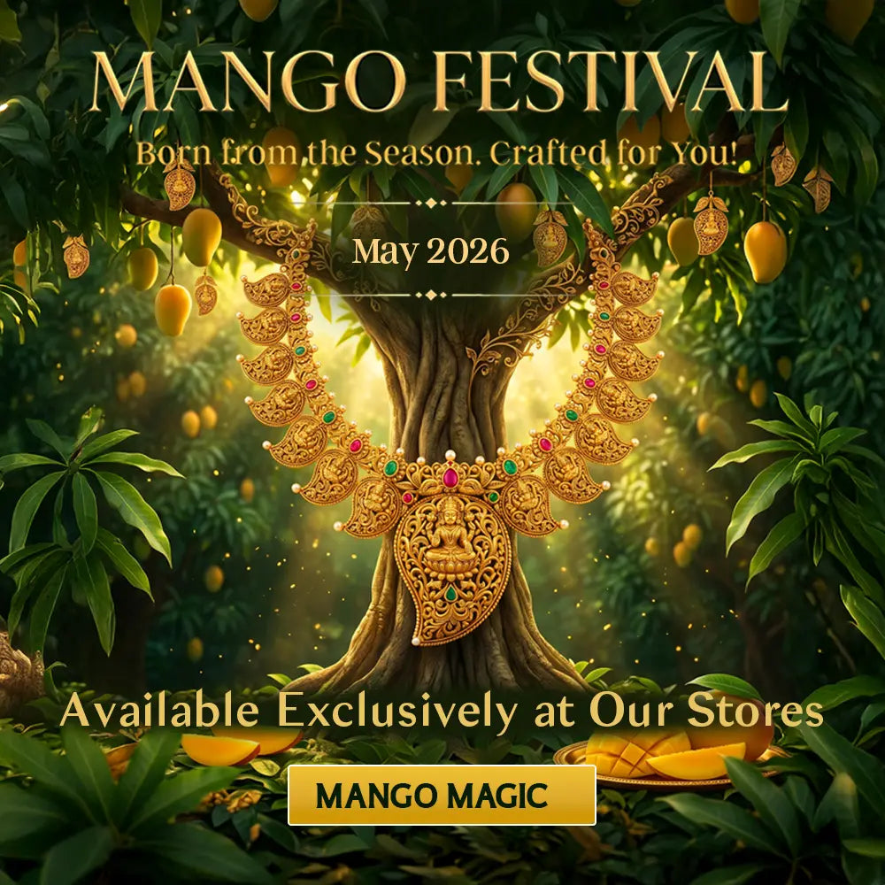 Promotional image for Mango Festival with a mango tree and jewelry, set against a natural background.