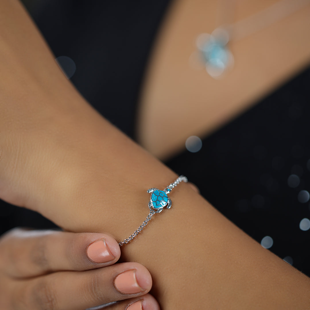 Marine Blue Turtle Rhodium Plated 925 Bracelets