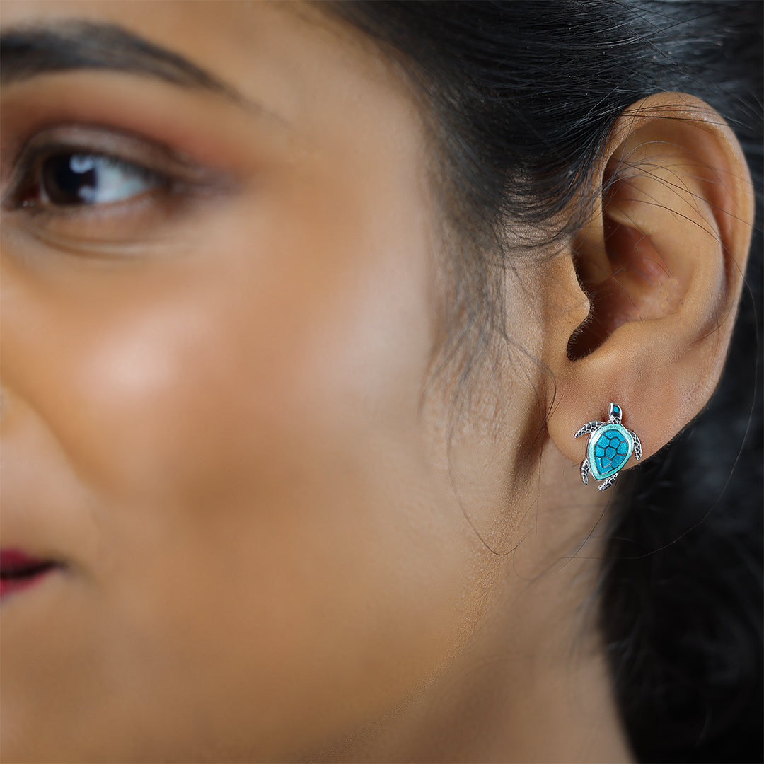 Marine Blue Turtle Rhodium Plated 925 Earrings