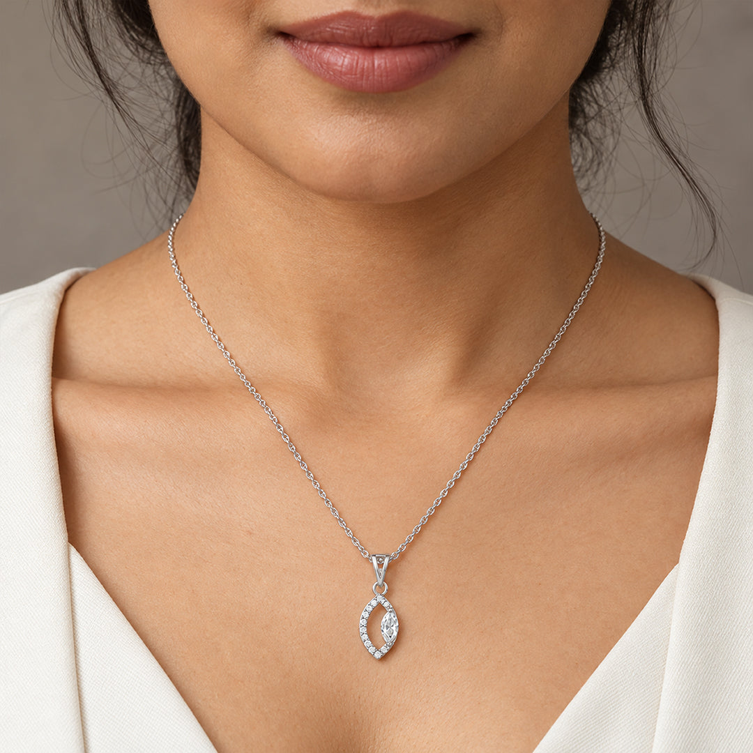 Marquise Halo Sterling Silver Chain Pendant
