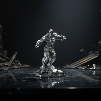 Metallic figure of a muscular character on a reflective surface with a dark background