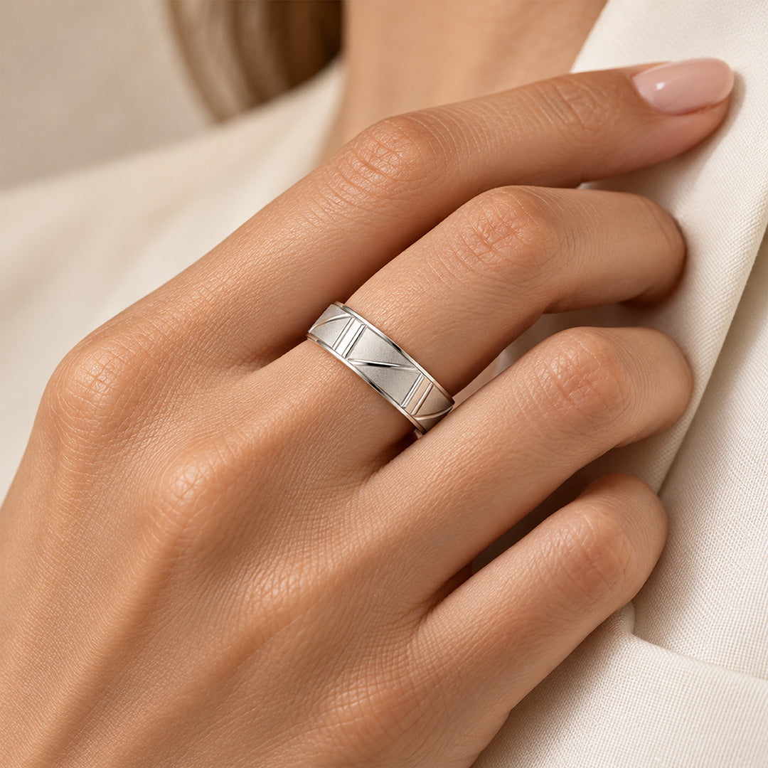 Matte Chevron Panel Sterling Silver Ring