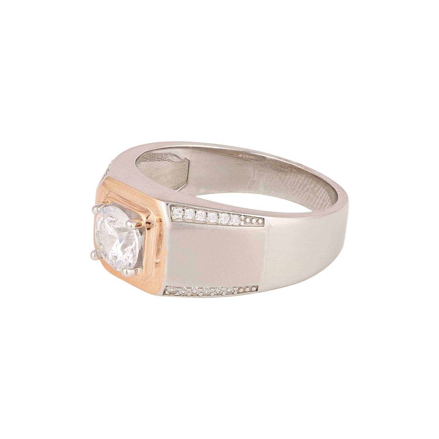 Mens Square Solitaire Silver Ring with Rose Gold Accent