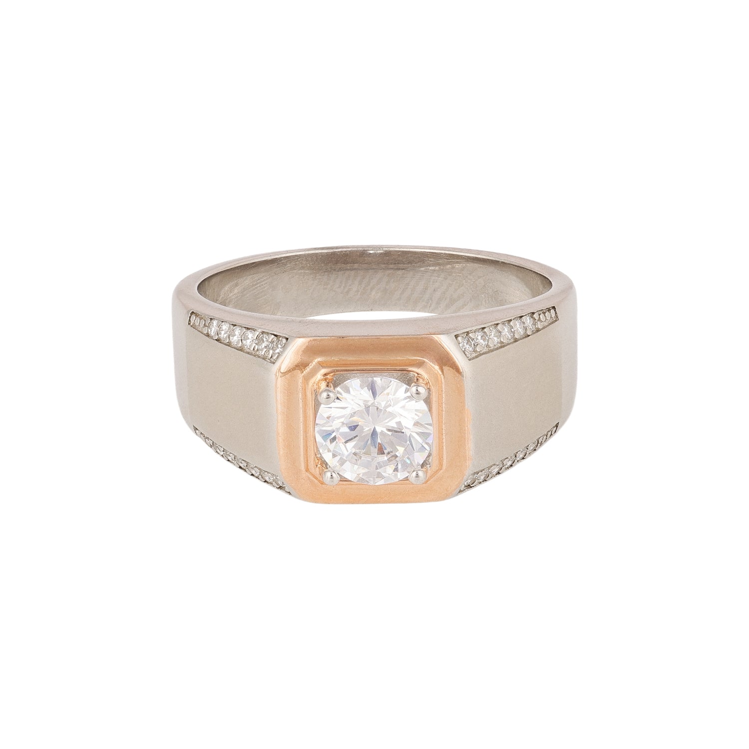 Mens Square Solitaire Silver Ring with Rose Gold Accent