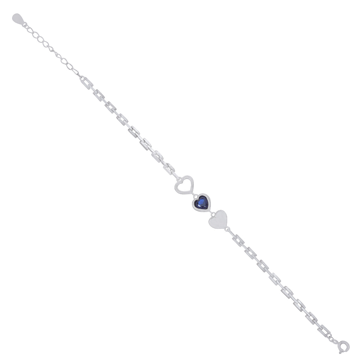 Mid Blue Heart Rhodium Plated Tri Heart Link Chain Bracelets