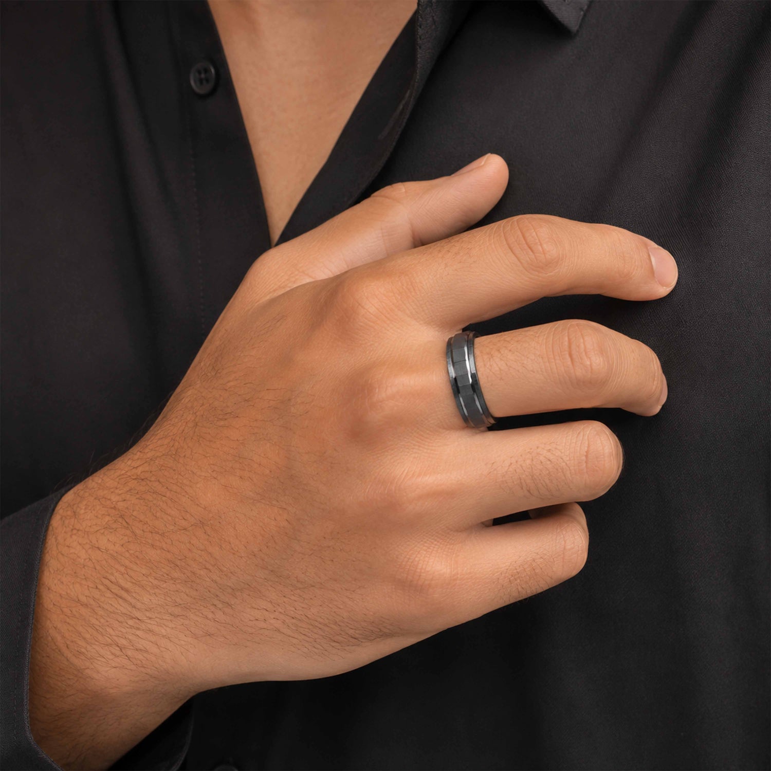 Midnight Faceted Elegance 925 Sterling Silver Ring For Men