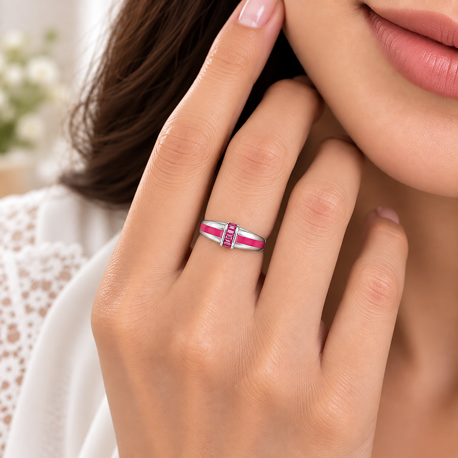 Minimal Red Channel Pink Accent Band Radiance 925 Sterling Silver Earring fo