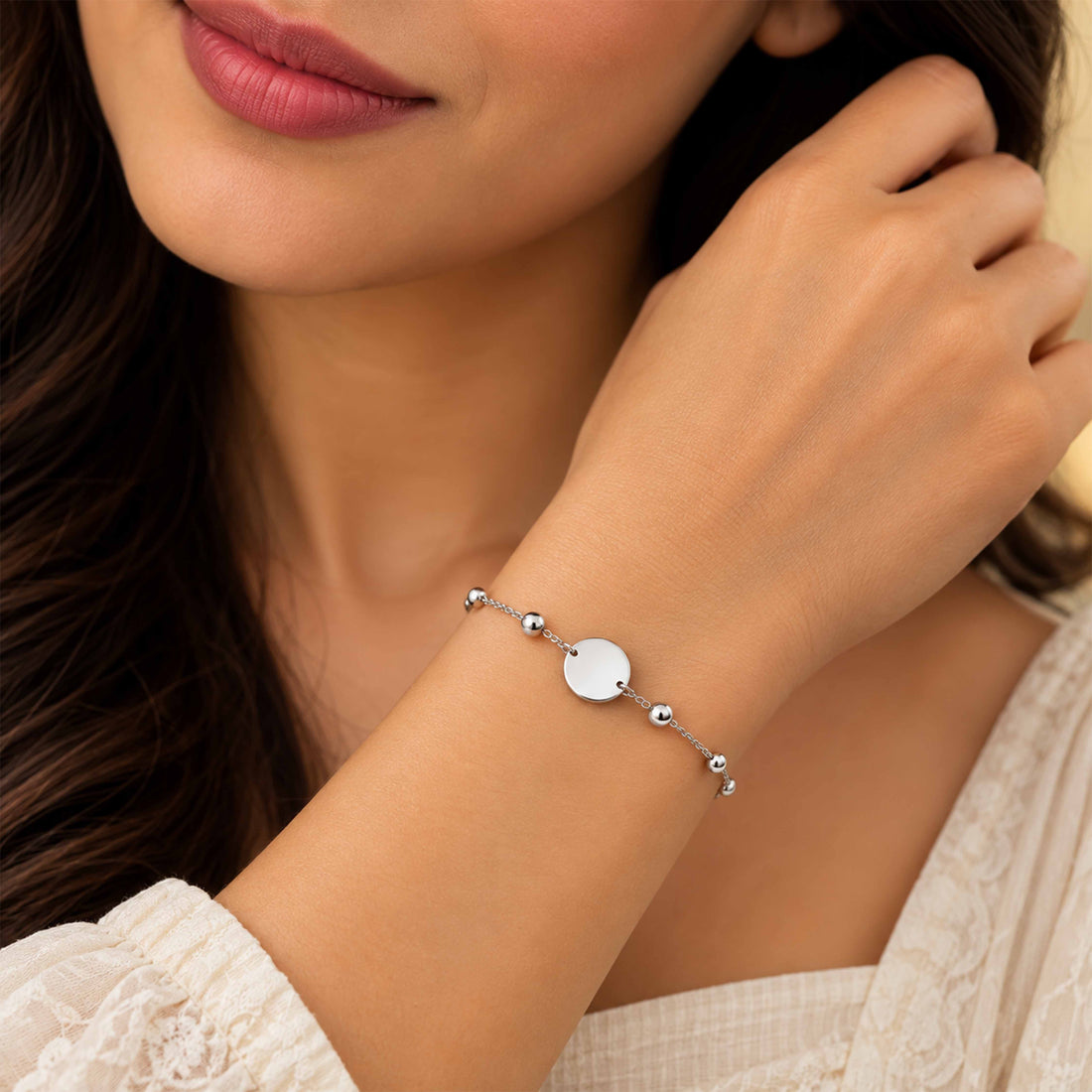 Minimalist Round Disc Ball Station Sterling Silver Bracelet