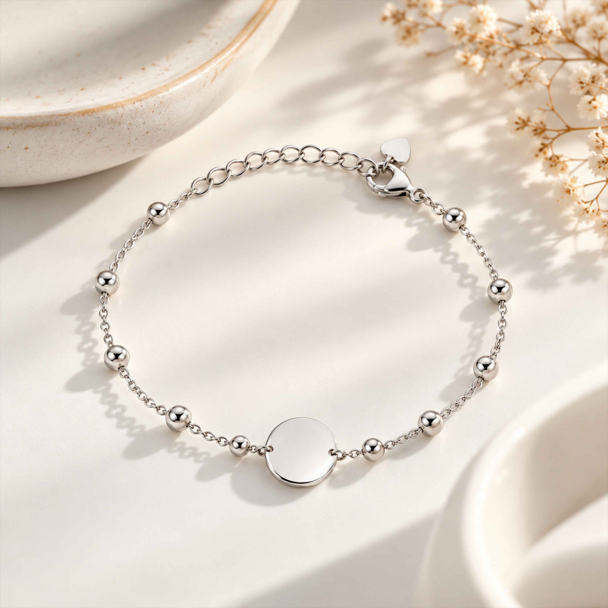 Minimalist Round Disc Ball Station Sterling Silver Bracelet