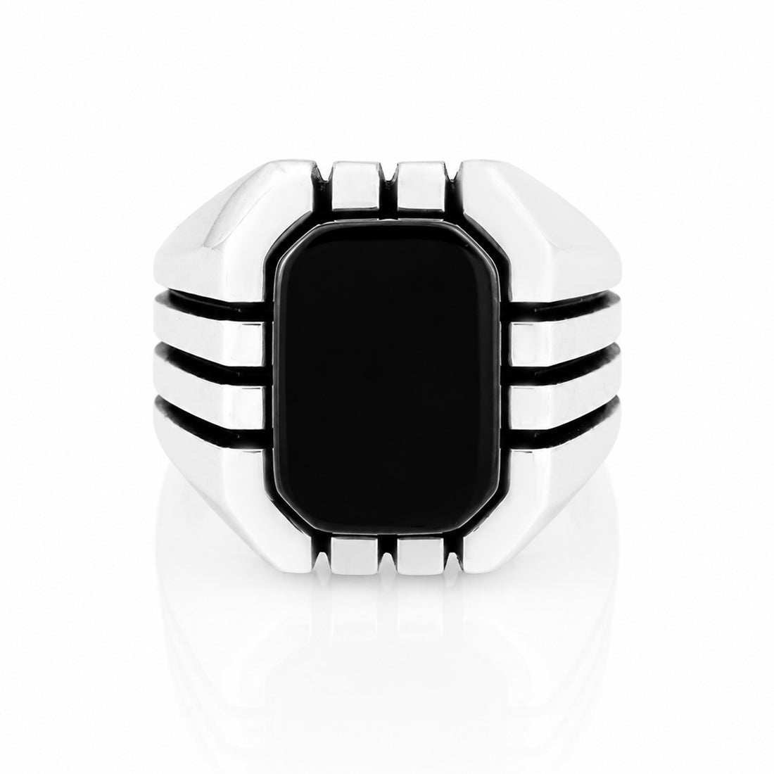 Modern Contour Ribbed Black 925 Sterling Silver Mens Ring