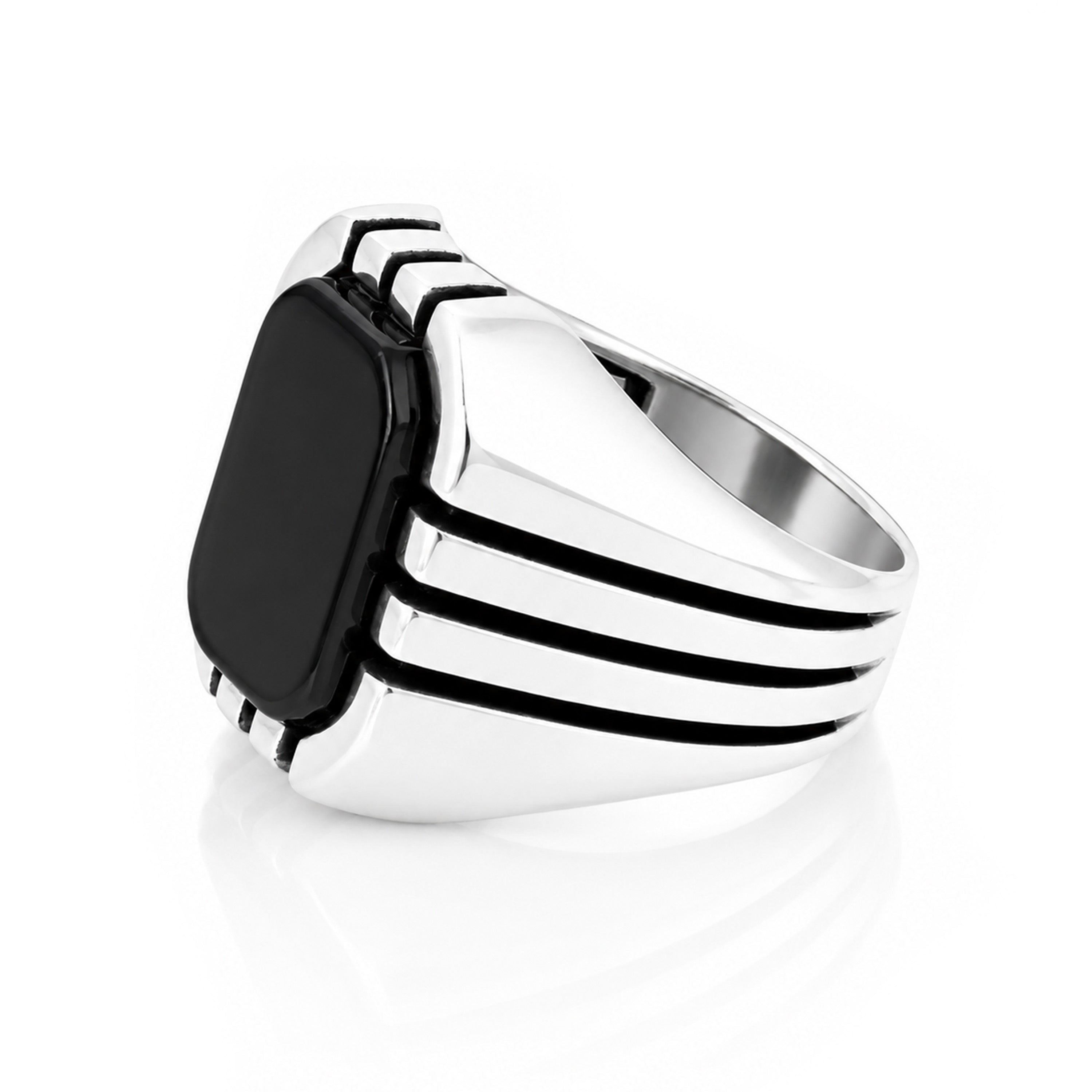 Modern Contour Ribbed Black 925 Sterling Silver Mens Ring